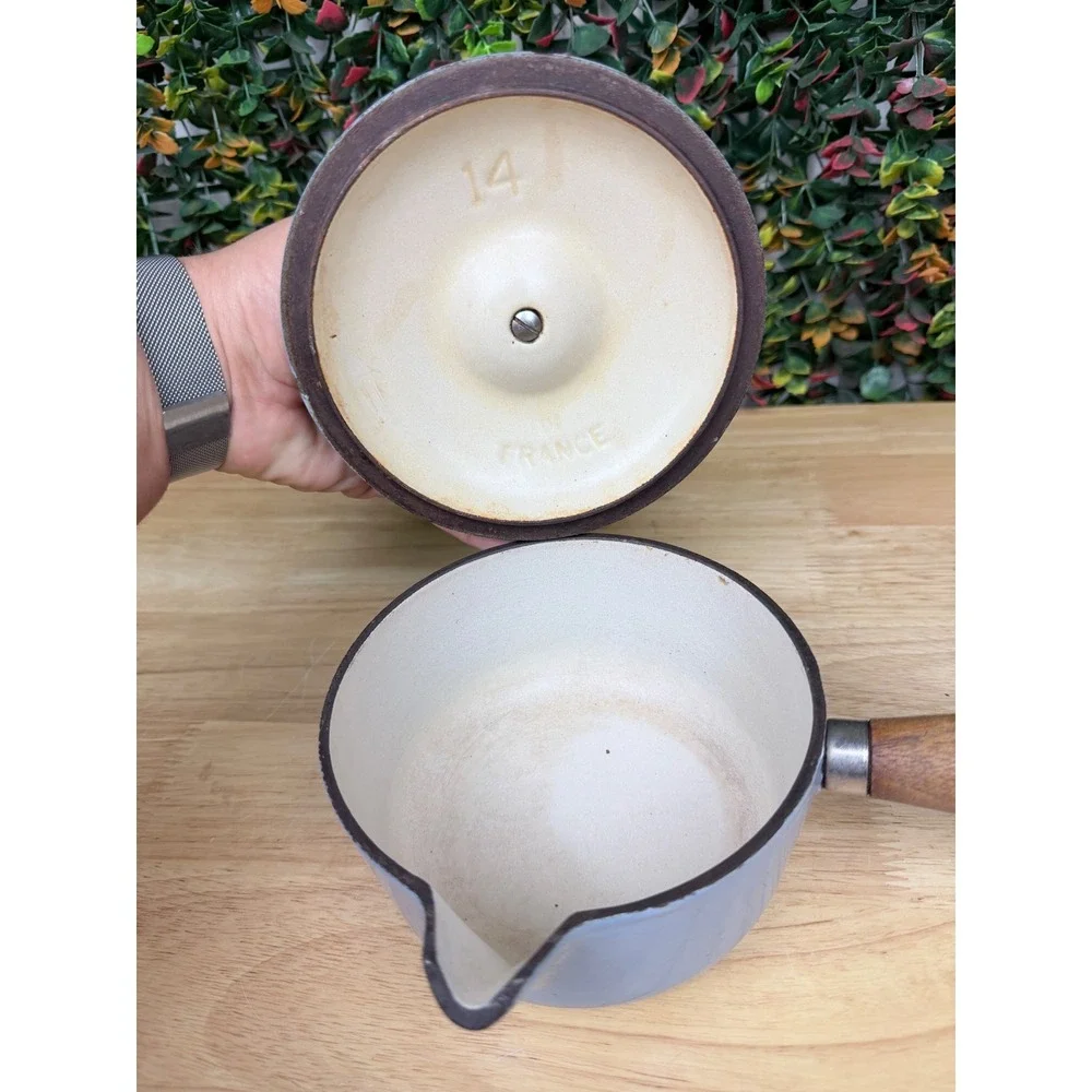 Le Creuset Vintage Blue Enamel Cast Iron Saucepan Teak Wood Handle 14 France